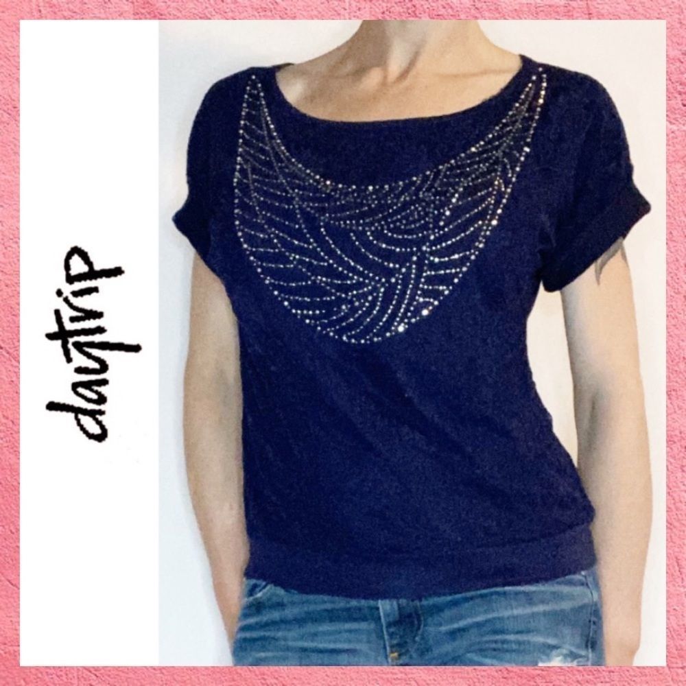 Daytrip Navy Blue Lace Embellished Blouse Medium M